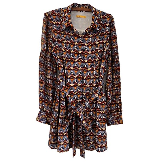 Alice Olivia Multicolored Geometric Silk Belted Button Shirt Dress Size Medium - Picture 1 of 9